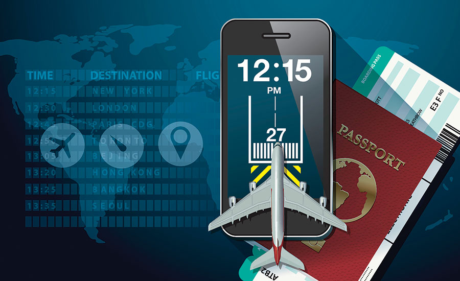 A passport, airplane and smart phone